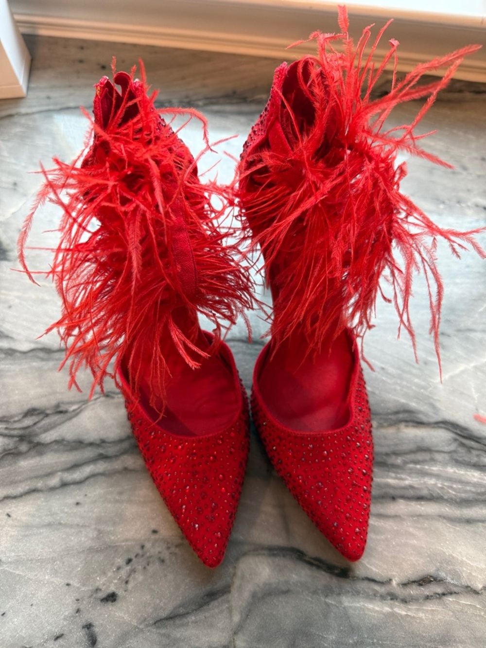 Red Feather Embellished Pointed-Toe Women’s Pumps